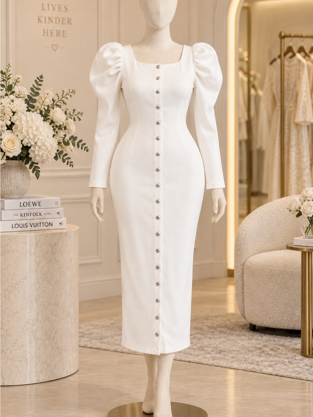 Elegant White Puff-Sleeve Button-Front Midi Dress